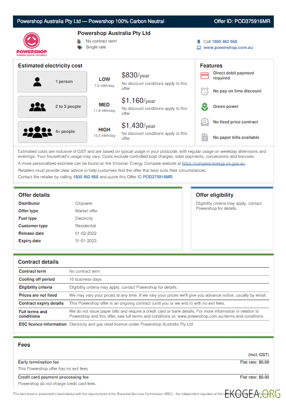 AUSTRALIA POWERSHOP utility bill Word and PDF template